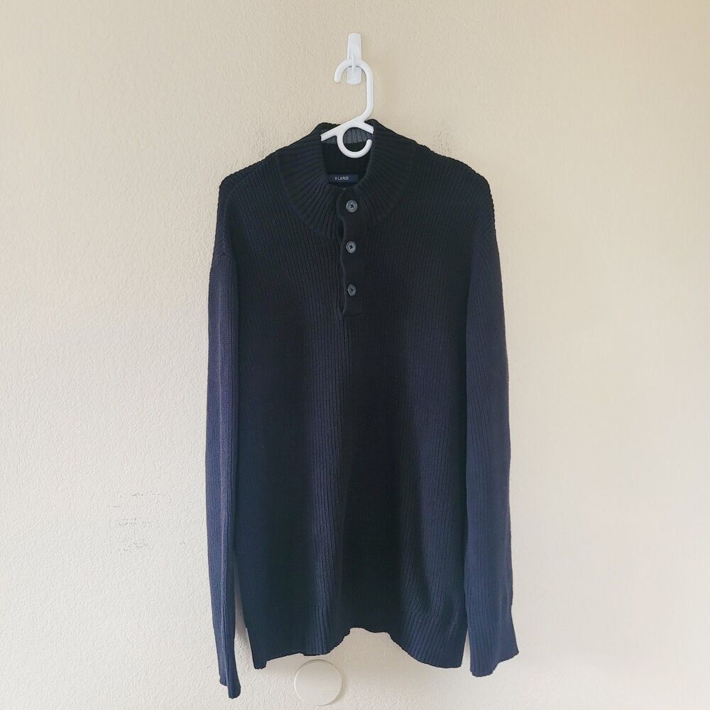 American Rag Mens Henley Black Sweater XL Fisherman Ribbed Chunky 100% Cotton